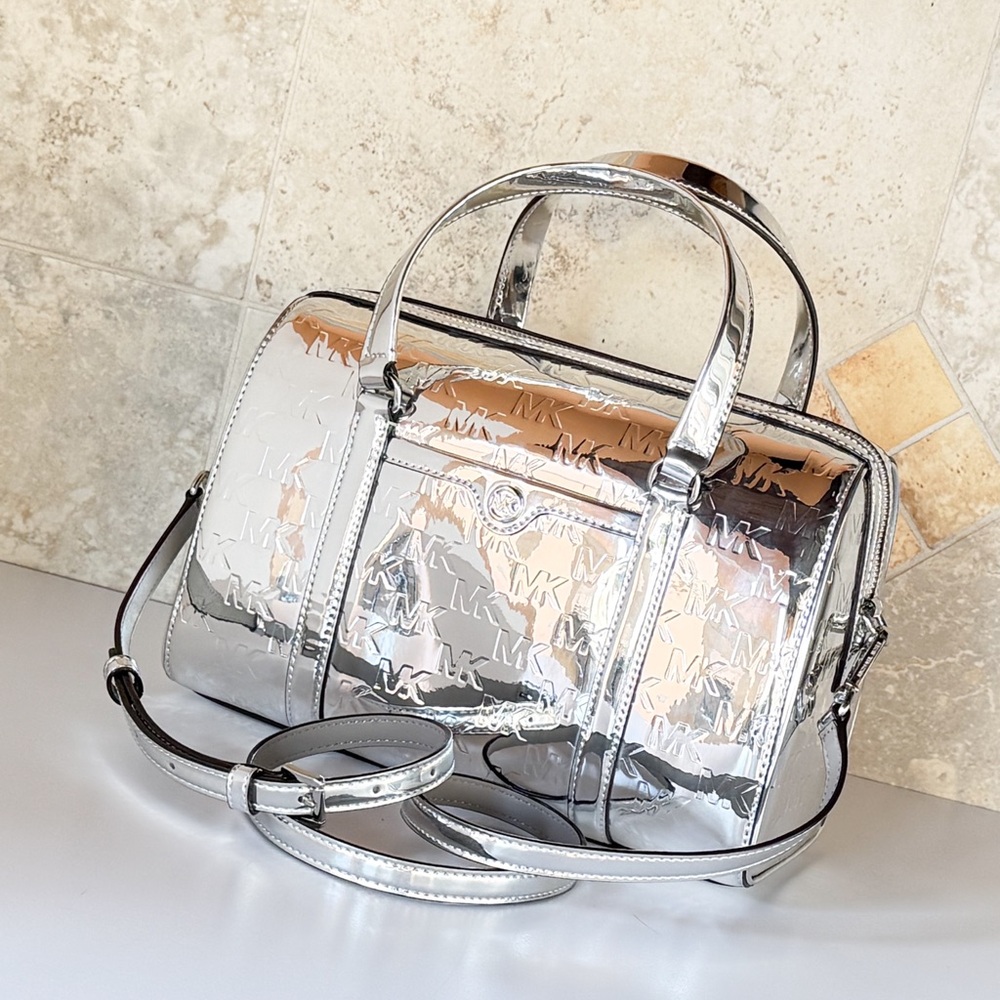 Michael Kors Travel MD Mirror Metallic Shoulder Duffle Bag MK Silver - Picture 13 of 13